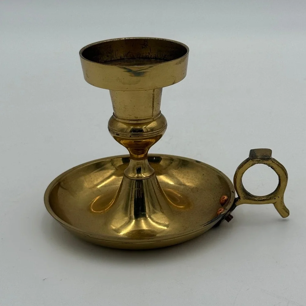 Vintage Solid Brass Chamberstick Candle Holder Finger Loop Handle Made in India